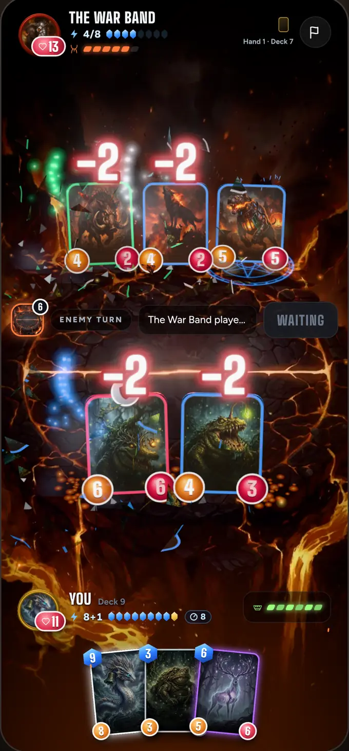 A ranked battle in the Ember Caldera arena, with monsters trading blows on a burning battlefield